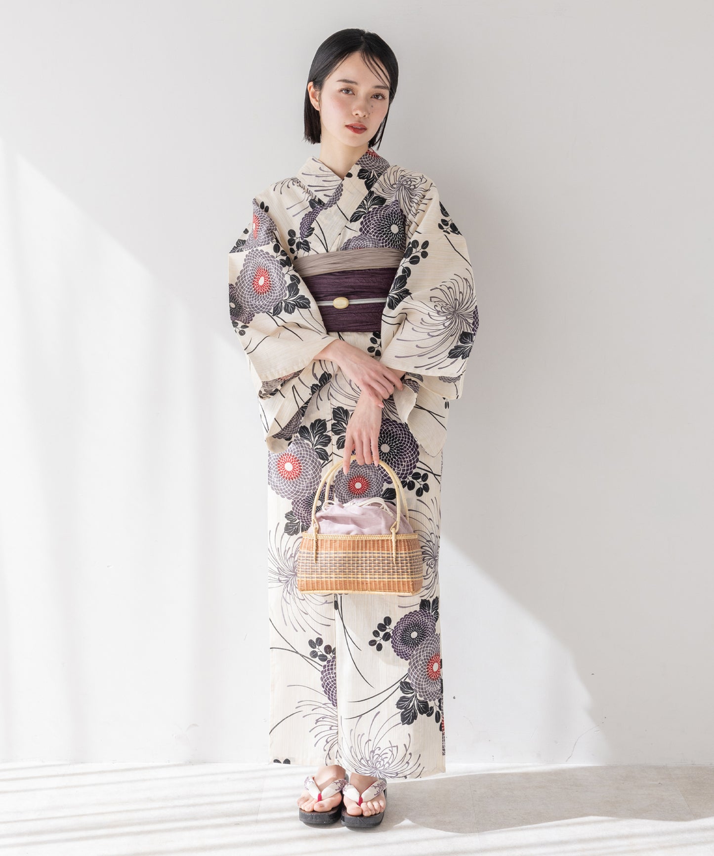 こだわり 浴衣 5点セット (浴衣/帯/下駄/腰紐/着付け冊子) 麻混 綿麻 楊柳生地 ブラック パープル 菊 糸菊