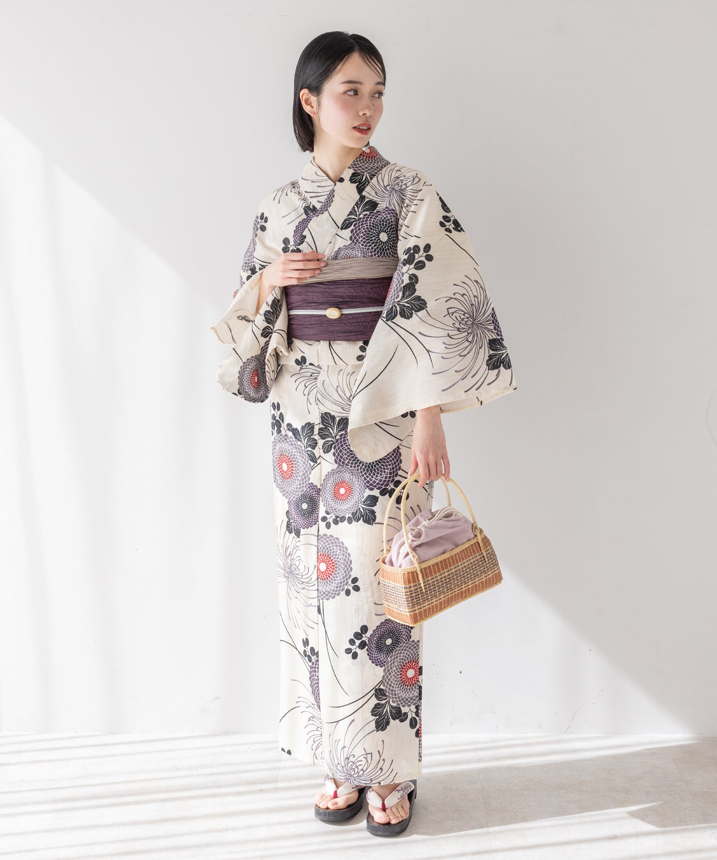 こだわり 浴衣 5点セット (浴衣/帯/下駄/腰紐/着付け冊子) 麻混 綿麻 楊柳生地 ブラック パープル 菊 糸菊
