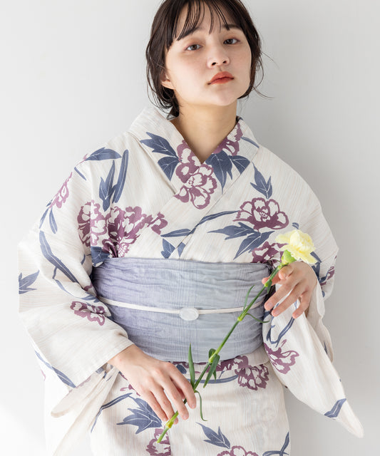 こだわり浴衣 5点セット (浴衣/帯/下駄/腰紐/着付け冊子) 綿麻 牡丹 ラベンダー