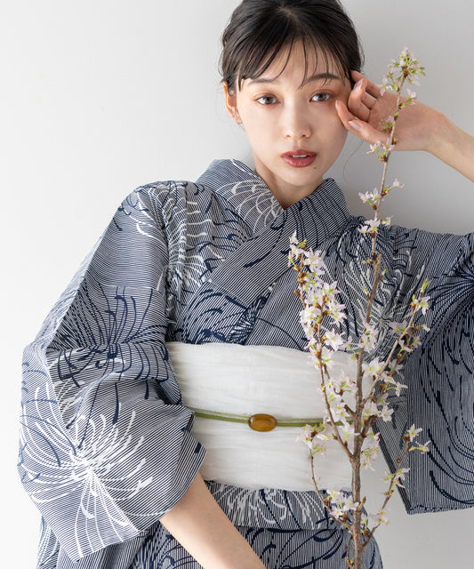 こだわり 浴衣 5点セット (浴衣/帯/下駄/腰紐/着付け冊子) ※レース兵児帯は別売り 麻混 綿麻 ネイビー 糸菊 ストライプ 縦縞