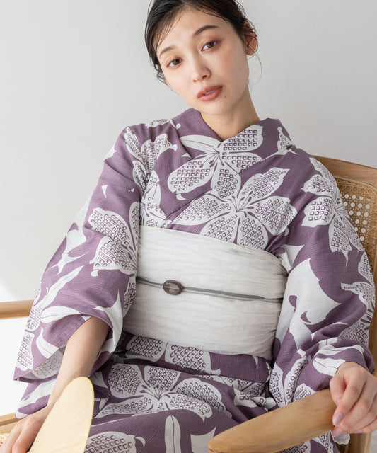 こだわり 浴衣 5点セット (浴衣/帯/下駄/腰紐/着付け冊子) 麻混 綿麻 楊柳生地 ピンク ラベンダー 百合 鹿の子 疋田