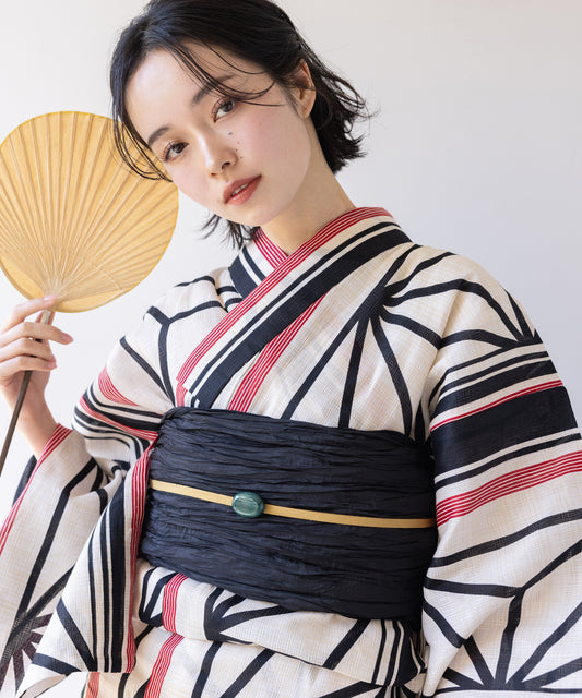 こだわり 浴衣 5点セット (浴衣/帯/下駄/腰紐/着付け冊子) 麻混 綿麻 楊柳生地 ホワイト系 ブラック レッド 麻の葉