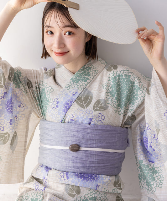 こだわり浴衣5点セット (浴衣/帯/下駄/腰紐/着付け冊子) 麻混 綿麻 楊柳生地 グリーン パープル 紫陽花