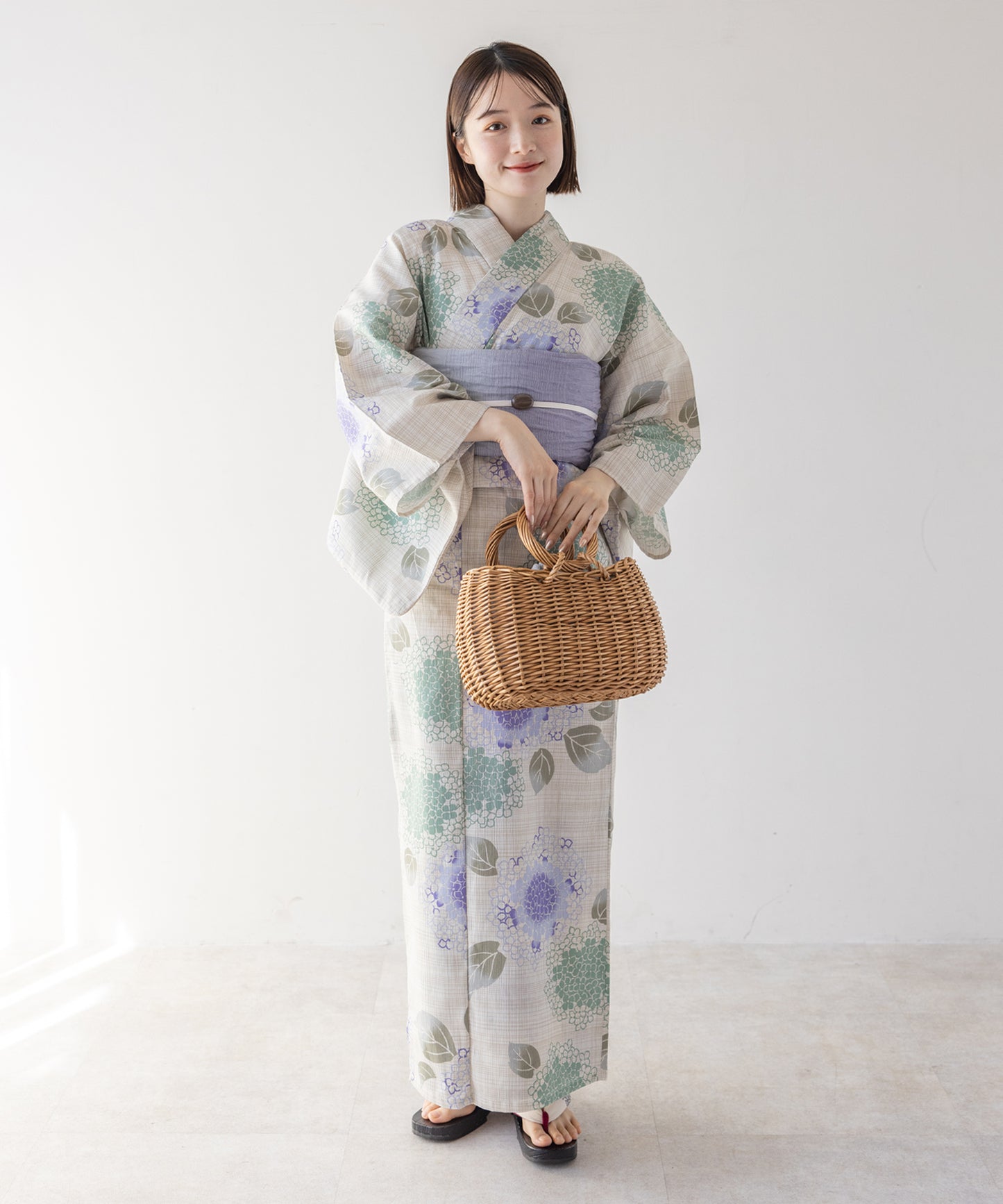 こだわり浴衣5点セット (浴衣/帯/下駄/腰紐/着付け冊子) 麻混 綿麻 楊柳生地 グリーン パープル 紫陽花