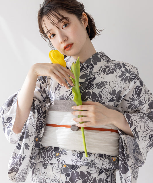 こだわり浴衣 5点セット (浴衣/帯/下駄/腰紐/着付け冊子) ※レース兵児帯は別売り 変わり織生地 グレー 牡丹
