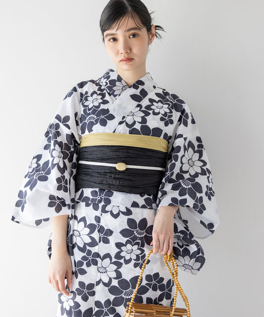 こだわり浴衣 5点セット (浴衣/帯/下駄/腰紐/着付け冊子) 変わり織生地 ホワイト系 ブラック 黒