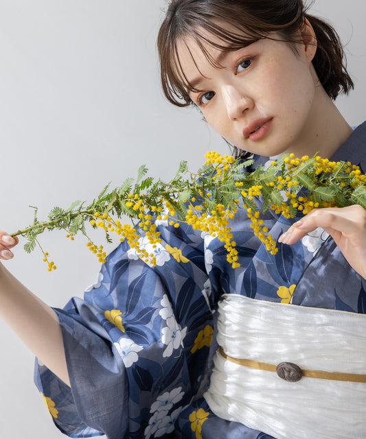 こだわり浴衣5点セット(浴衣/帯/下駄/腰紐/着付け冊子) 変わり織生地 ブルーグレー