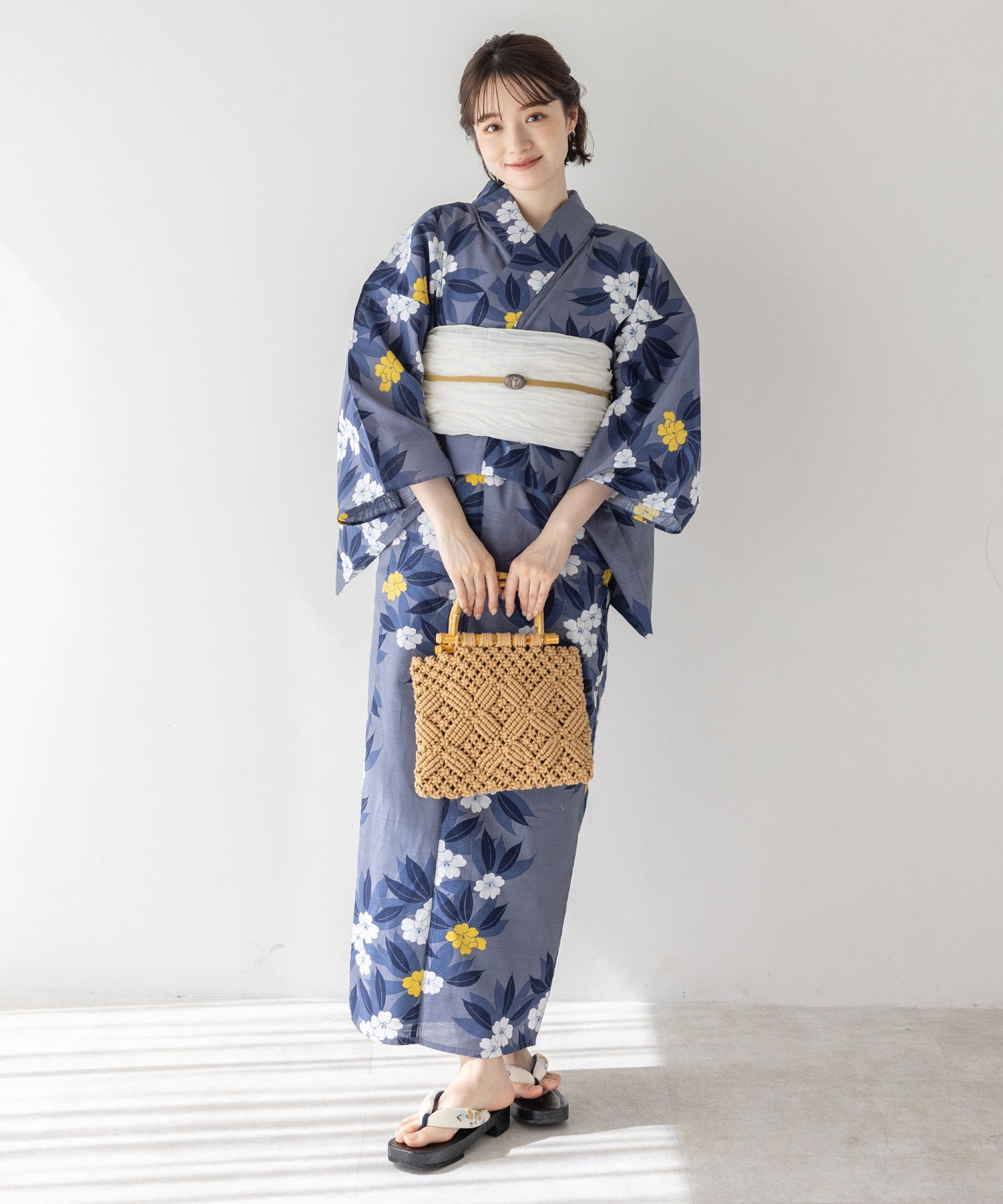 こだわり浴衣5点セット(浴衣/帯/下駄/腰紐/着付け冊子) 変わり織生地 ブルーグレー