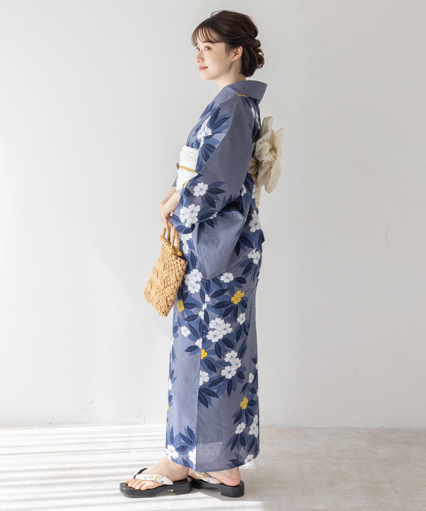 こだわり浴衣5点セット(浴衣/帯/下駄/腰紐/着付け冊子) 変わり織生地 ブルーグレー