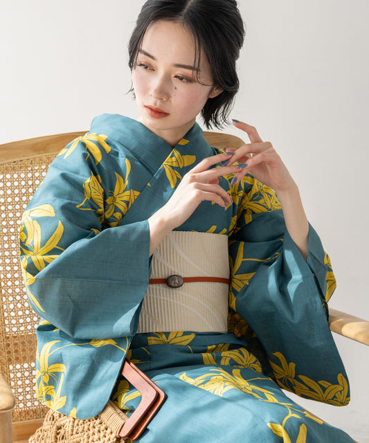 こだわり浴衣5点セット (浴衣/帯/下駄/腰紐/着付け冊子) 変わり織生地 グリーン イエロー 緑 黄色