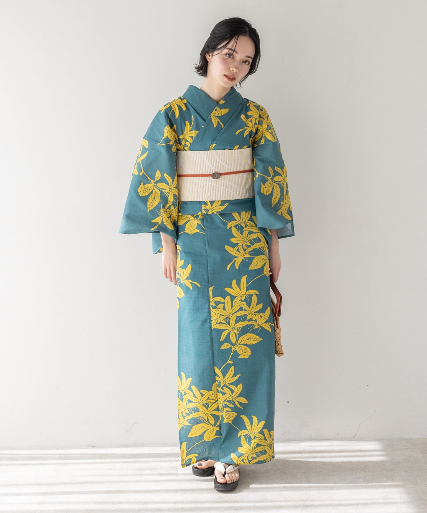 こだわり浴衣5点セット (浴衣/帯/下駄/腰紐/着付け冊子) 変わり織生地 グリーン イエロー 緑 黄色