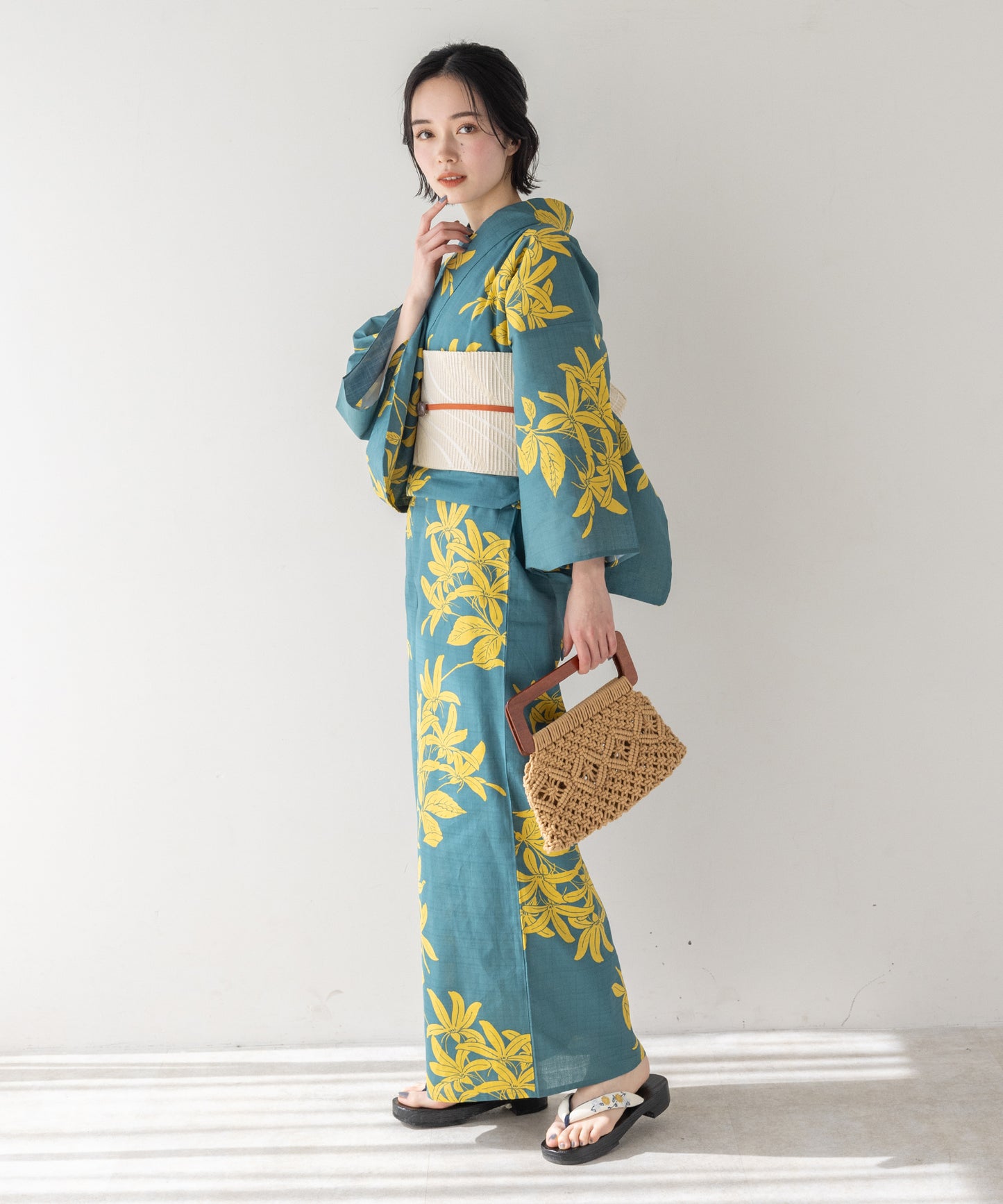 こだわり浴衣5点セット (浴衣/帯/下駄/腰紐/着付け冊子) 変わり織生地 グリーン イエロー 緑 黄色