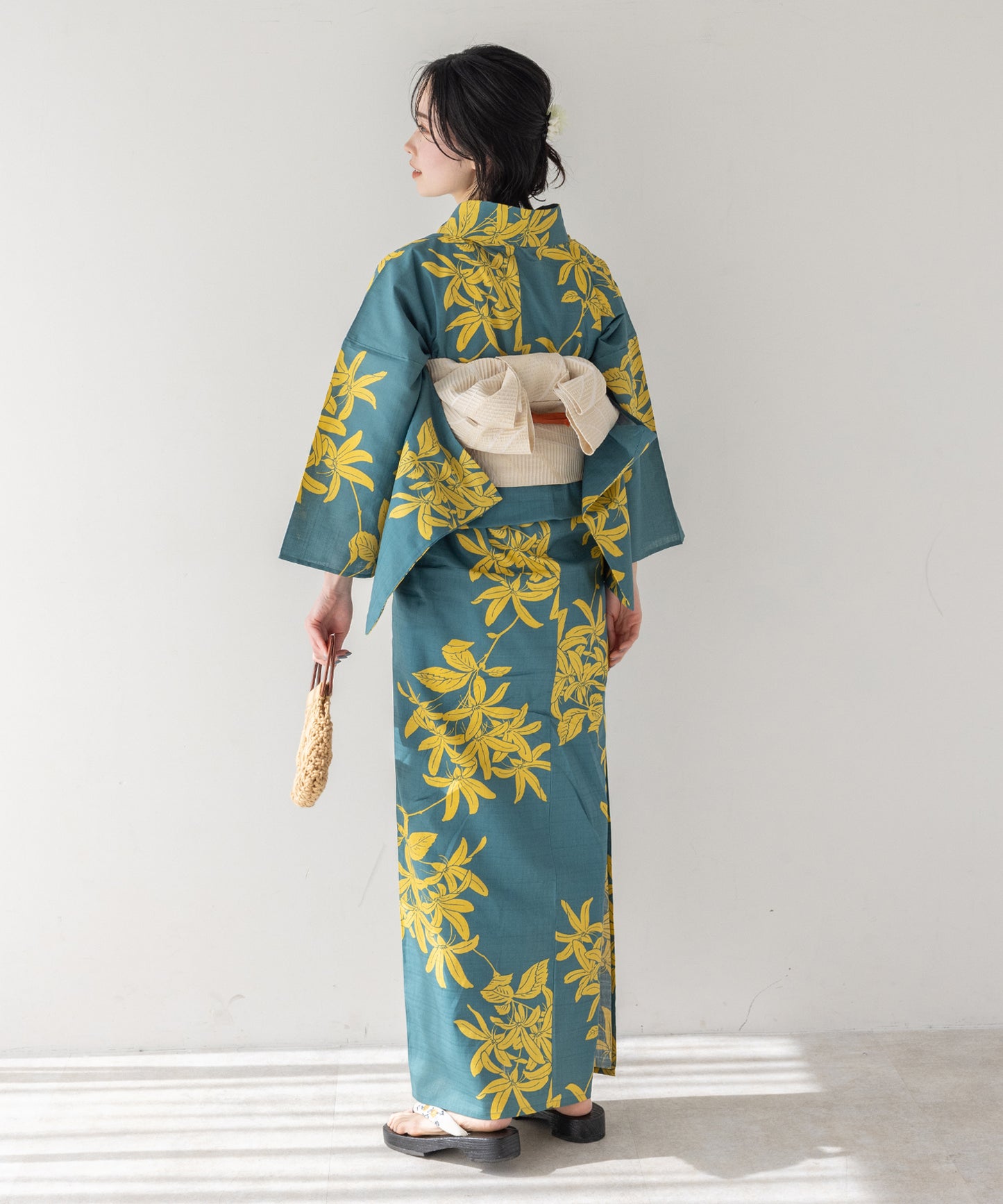 こだわり浴衣5点セット (浴衣/帯/下駄/腰紐/着付け冊子) 変わり織生地 グリーン イエロー 緑 黄色