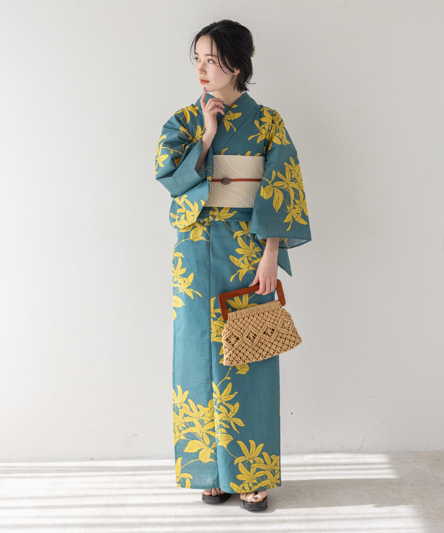 こだわり浴衣5点セット (浴衣/帯/下駄/腰紐/着付け冊子) 変わり織生地 グリーン イエロー 緑 黄色