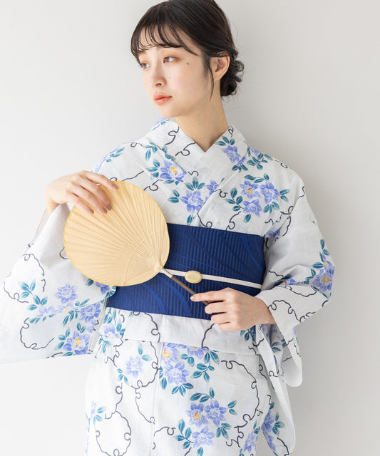 こだわり浴衣 5点セット (浴衣/帯/下駄/腰紐/着付け冊子) 変わり織生地 ホワイト系 ブルー 桔梗 ききょう