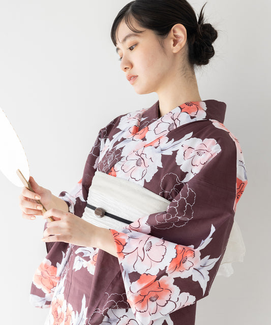 こだわり浴衣 5点セット (浴衣/帯/下駄/腰紐/着付け冊子) 変わり織生地 エンジ ワインレッド