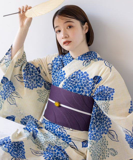 こだわり 浴衣 5点セット (浴衣/帯/下駄/腰紐/着付け冊子) 麻混 綿麻 先染め 生成 ブルー アジサイ 紫陽花