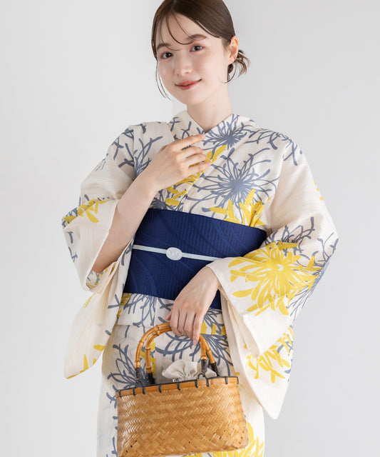 菊淡景 こだわり浴衣5点セット (浴衣/帯/下駄/腰紐/着付け冊子) 麻混 綿麻 楊柳生地