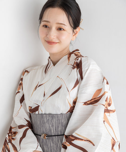 花影の古景 こだわり浴衣5点セット (浴衣/帯/下駄/腰紐/着付け冊子) 麻混 綿麻 楊柳生地
