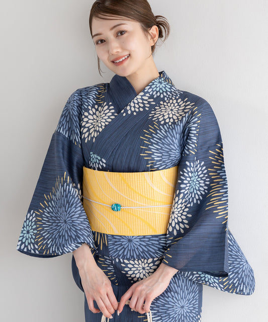 藍景の花火 こだわり浴衣5点セット (浴衣/帯/下駄/腰紐/着付け冊子) 麻混 綿麻 楊柳生地