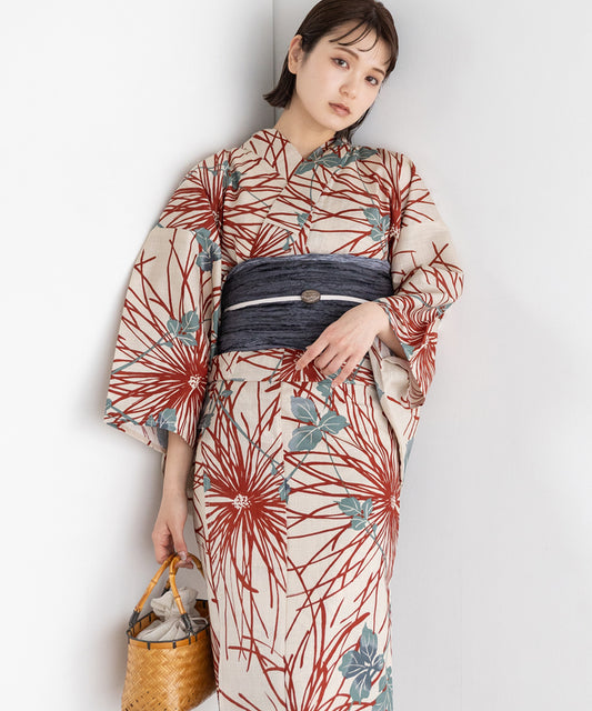 紅菊の余韻 こだわり浴衣5点セット (浴衣/帯/下駄/腰紐/着付け冊子) 変わり織生地