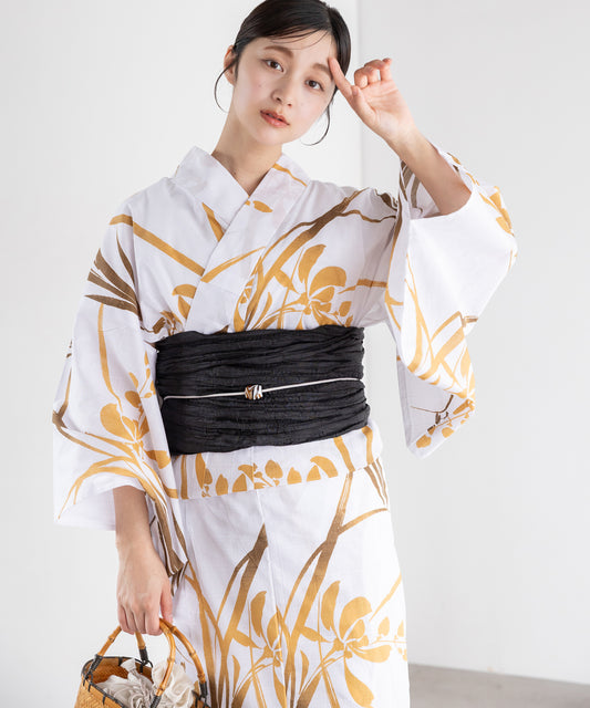 芥子にあやめ こだわり浴衣5点セット (浴衣/帯/下駄/腰紐/着付け冊子) 変わり織生地