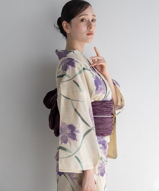 花菖蒲の余韻 こだわり浴衣5点セット (浴衣/帯/下駄/腰紐/着付け冊子) 麻混