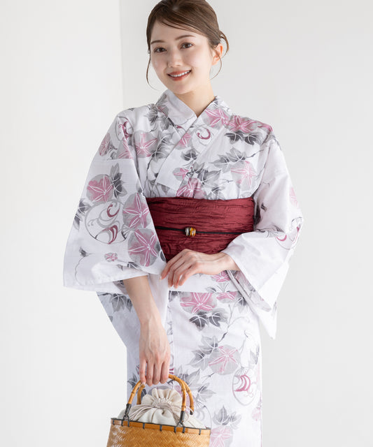 薄桜色の朝顔と団扇 こだわり浴衣5点セット (浴衣/帯/下駄/腰紐/着付け冊子) 変わり織生地