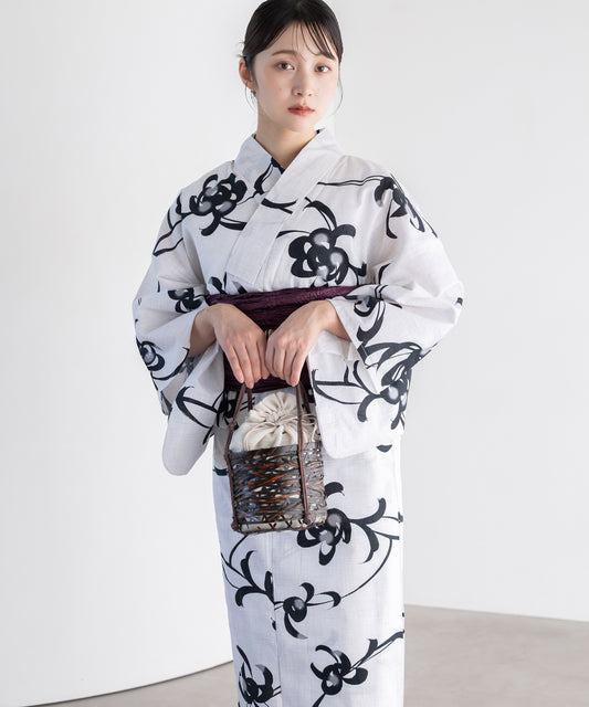 墨菊の流し こだわり浴衣5点セット (浴衣/帯/下駄/腰紐/着付け冊子) 変わり織生地