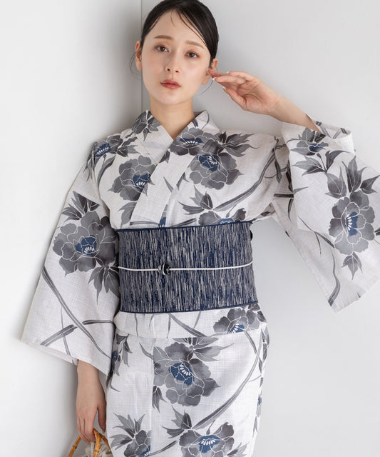 墨影の牡丹 こだわり浴衣5点セット (浴衣/帯/下駄/腰紐/着付け冊子) 変わり織生地