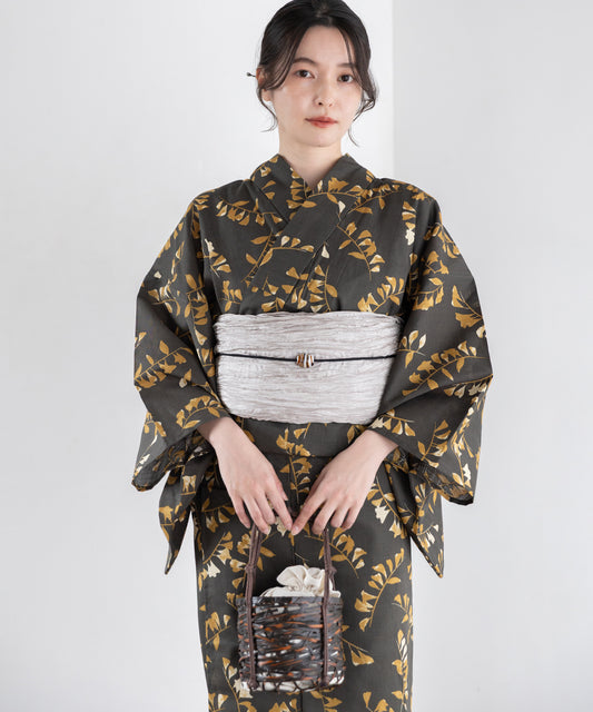 濃灰に小葉 こだわり浴衣5点セット (浴衣/帯/下駄/腰紐/着付け冊子) 変わり織生地