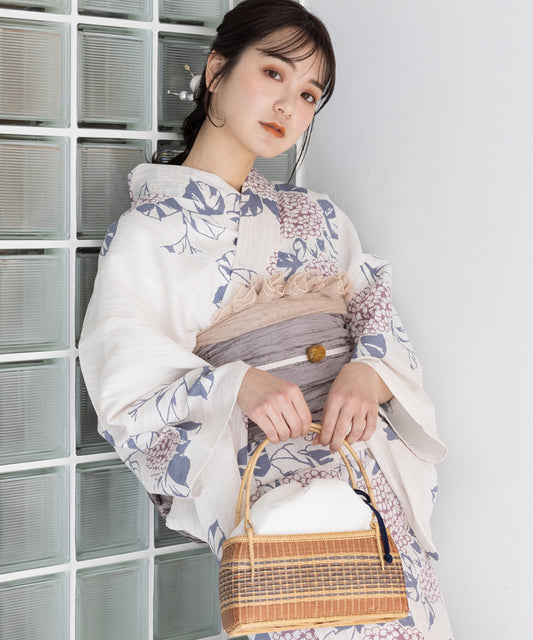 こだわり浴衣 5点セット (浴衣/帯/下駄/腰紐/着付け冊子) ※レース兵児帯は別売り 麻混 綿麻 楊柳生地 ラベンダー ライトピンク 紫陽花 アジサイ