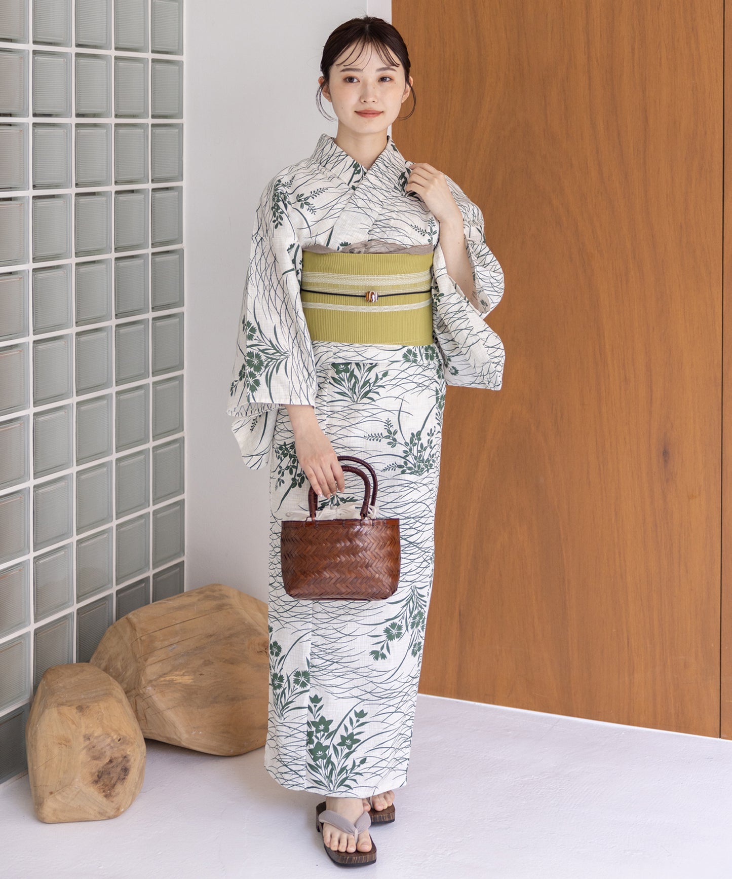 こだわり浴衣5点セット (浴衣/帯/下駄/腰紐/着付け冊子) 麻混 綿麻 楊柳生地 グリーン 緑