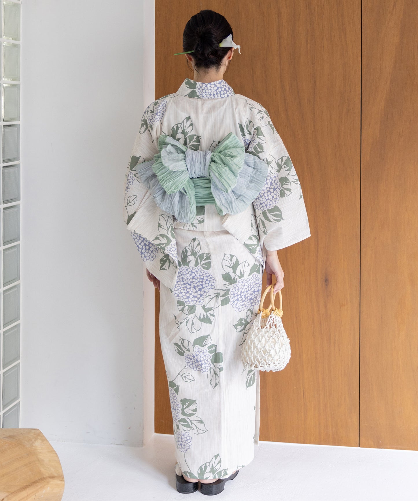 こだわり浴衣 5点セット (浴衣/帯/下駄/腰紐/着付け冊子) 麻混 綿麻 楊柳生地 サックスブルー グリーン 紫陽花 アジサイ