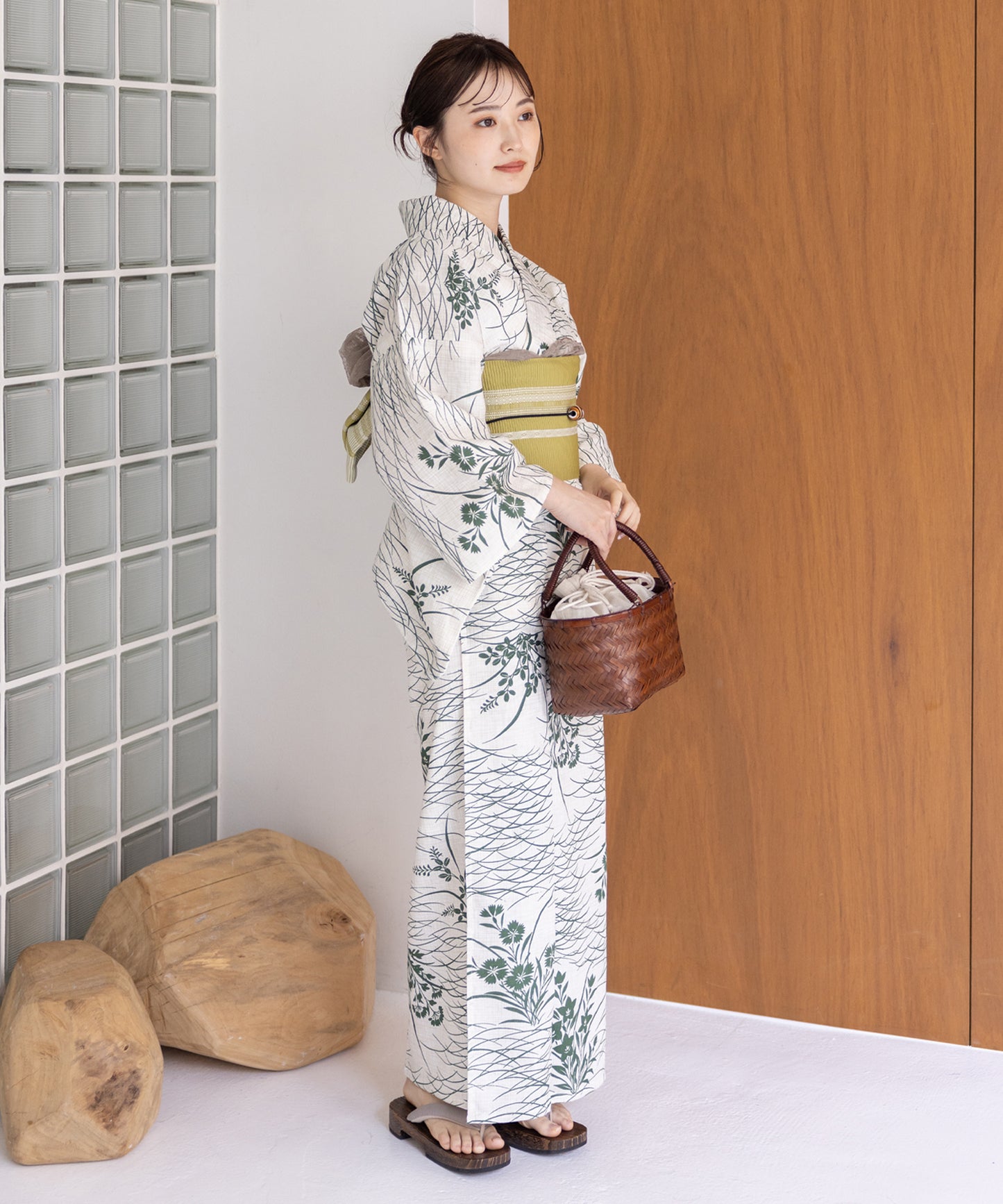こだわり浴衣5点セット (浴衣/帯/下駄/腰紐/着付け冊子) 麻混 綿麻 楊柳生地 グリーン 緑