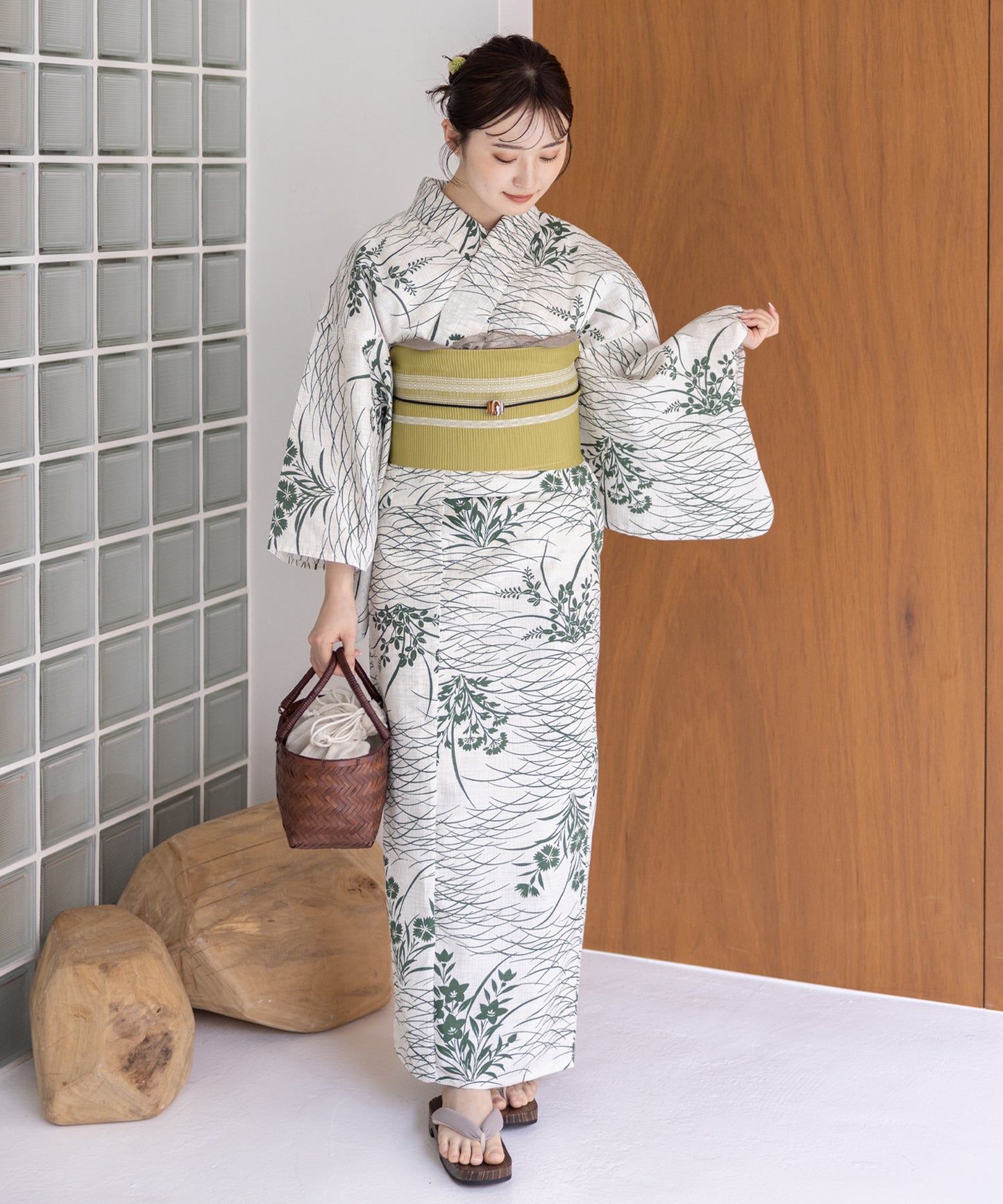 こだわり浴衣5点セット (浴衣/帯/下駄/腰紐/着付け冊子) 麻混 綿麻 楊柳生地 グリーン 緑