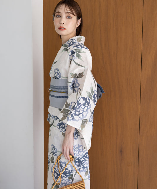 こだわり浴衣 5点セット (浴衣/帯/下駄/腰紐/着付け冊子) 麻混 綿麻 楊柳生地 ブルー 牡丹 ボタン