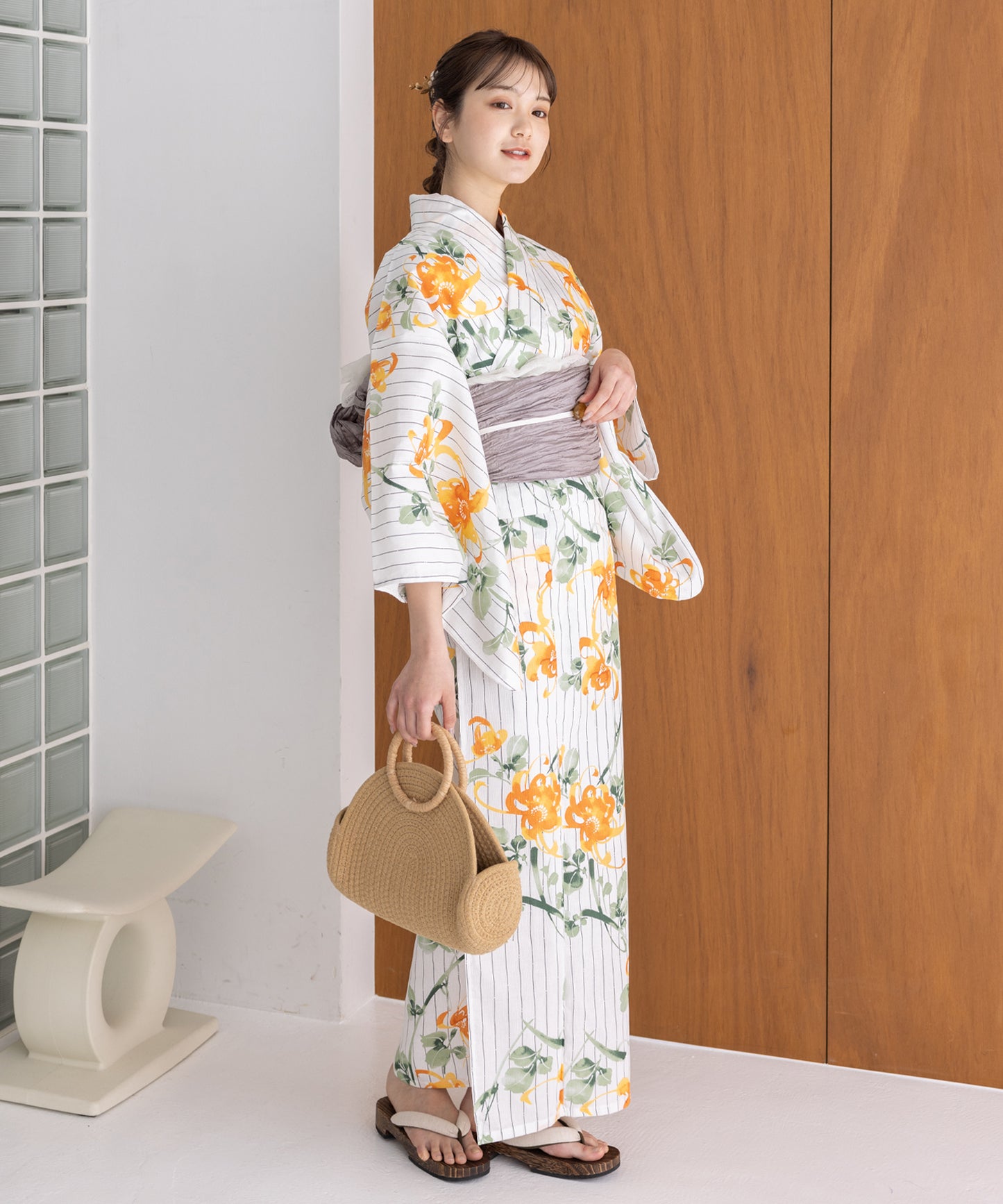 こだわり浴衣5点セット (浴衣/帯/下駄/腰紐/着付け冊子) 麻混 綿麻 楊柳生地 グリーン オレンジ ストライプ 縦縞