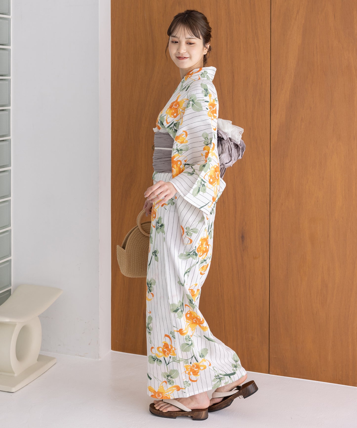 こだわり浴衣5点セット (浴衣/帯/下駄/腰紐/着付け冊子) 麻混 綿麻 楊柳生地 グリーン オレンジ ストライプ 縦縞