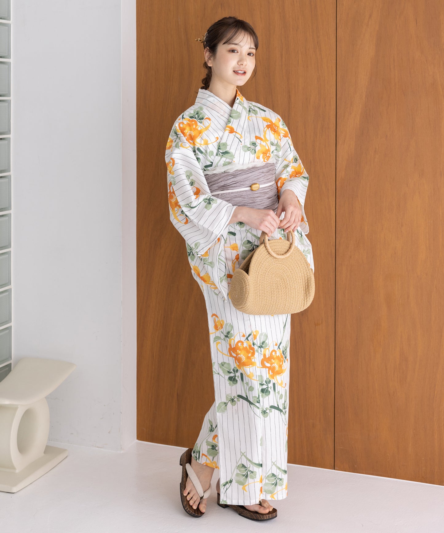 こだわり浴衣5点セット (浴衣/帯/下駄/腰紐/着付け冊子) 麻混 綿麻 楊柳生地 グリーン オレンジ ストライプ 縦縞