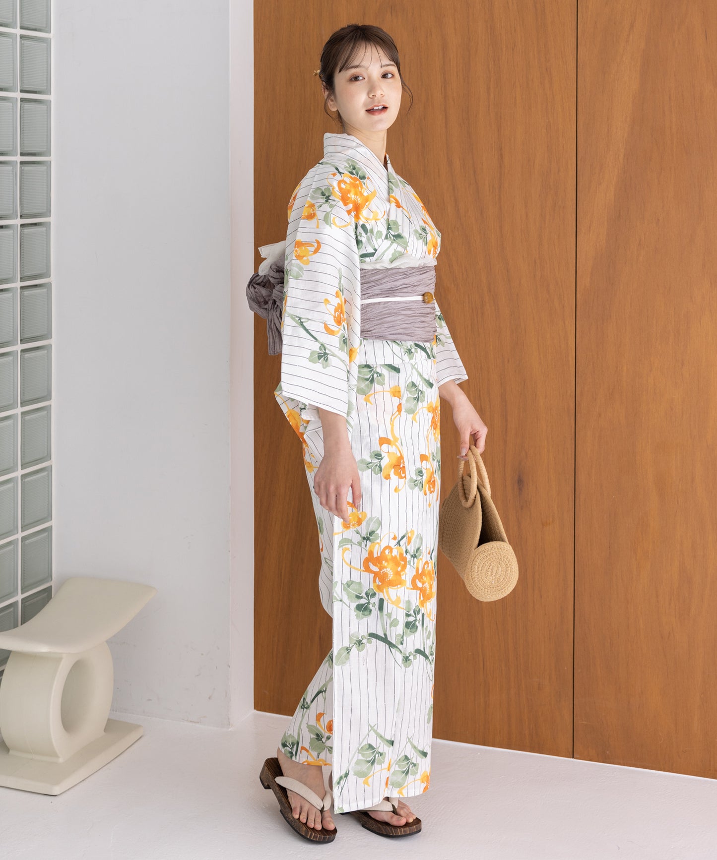 こだわり浴衣5点セット (浴衣/帯/下駄/腰紐/着付け冊子) 麻混 綿麻 楊柳生地 グリーン オレンジ ストライプ 縦縞