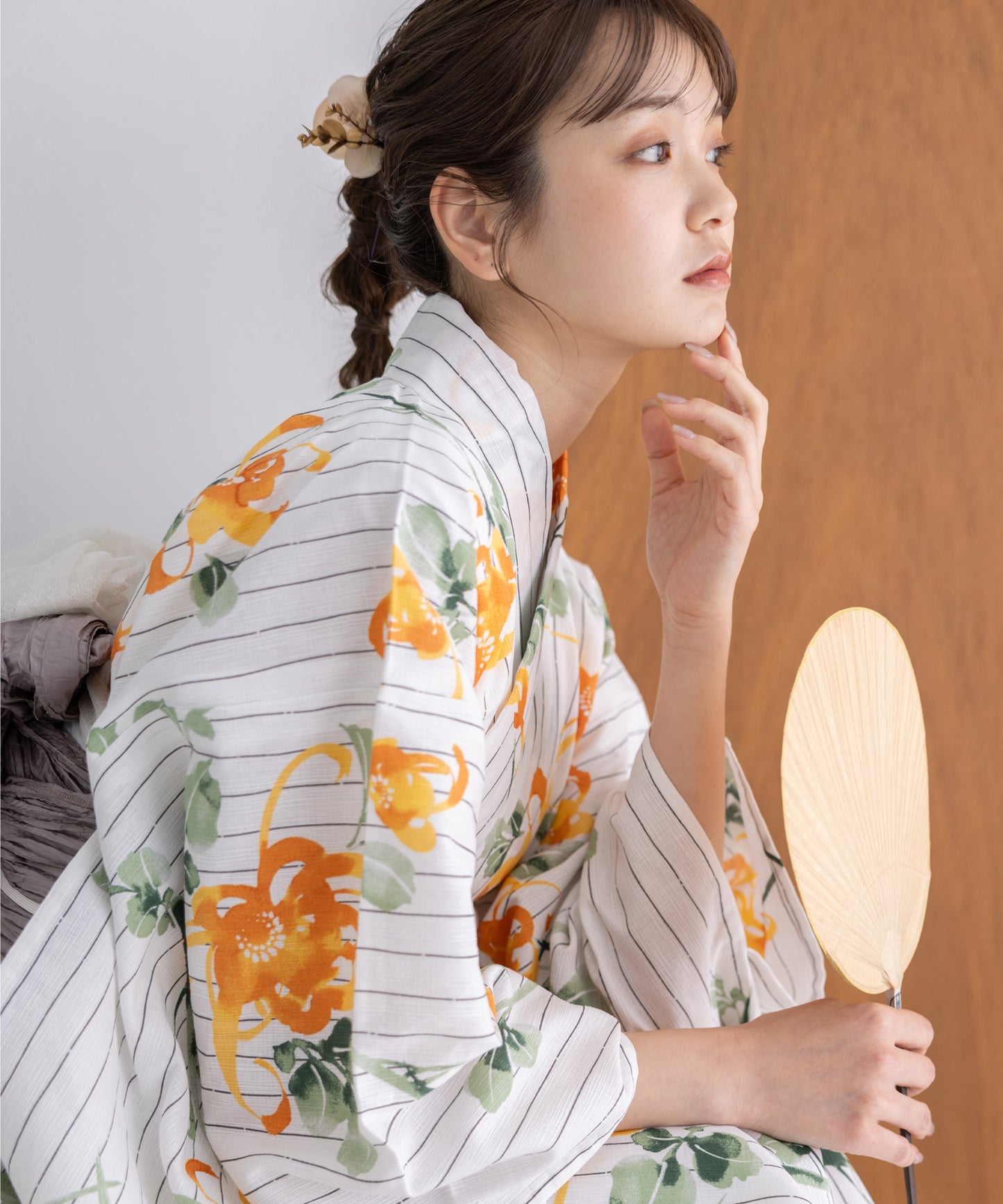 こだわり浴衣5点セット (浴衣/帯/下駄/腰紐/着付け冊子) 麻混 綿麻 楊柳生地 グリーン オレンジ ストライプ 縦縞