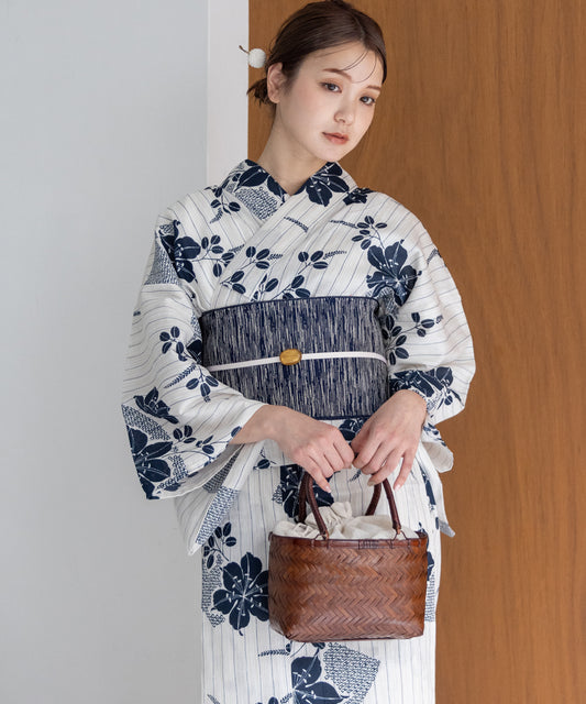 こだわり浴衣 5点セット (浴衣/帯/下駄/腰紐/着付け冊子) 浴衣 レディース 浴衣 セット綿麻 ネイビー ストライプ 縦縞 縞 百合 ゆり