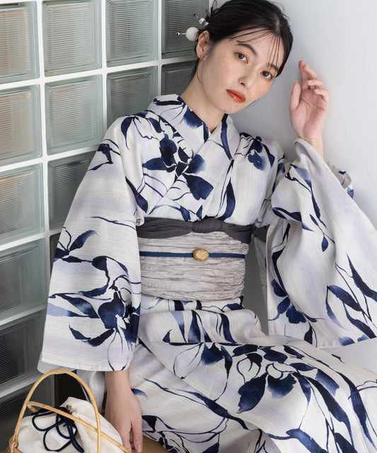 こだわり浴衣 5点セット (浴衣/帯/下駄/腰紐/着付け冊子) 麻混 綿麻 楊柳生地 ブルー パープル 菖蒲 あやめ しょうぶ