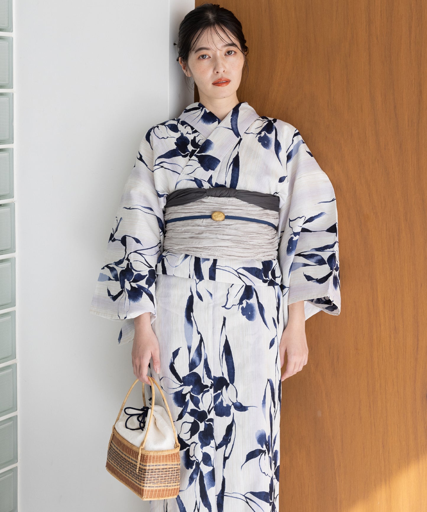こだわり浴衣 5点セット (浴衣/帯/下駄/腰紐/着付け冊子) 麻混 綿麻 楊柳生地 ブルー パープル 菖蒲 あやめ しょうぶ