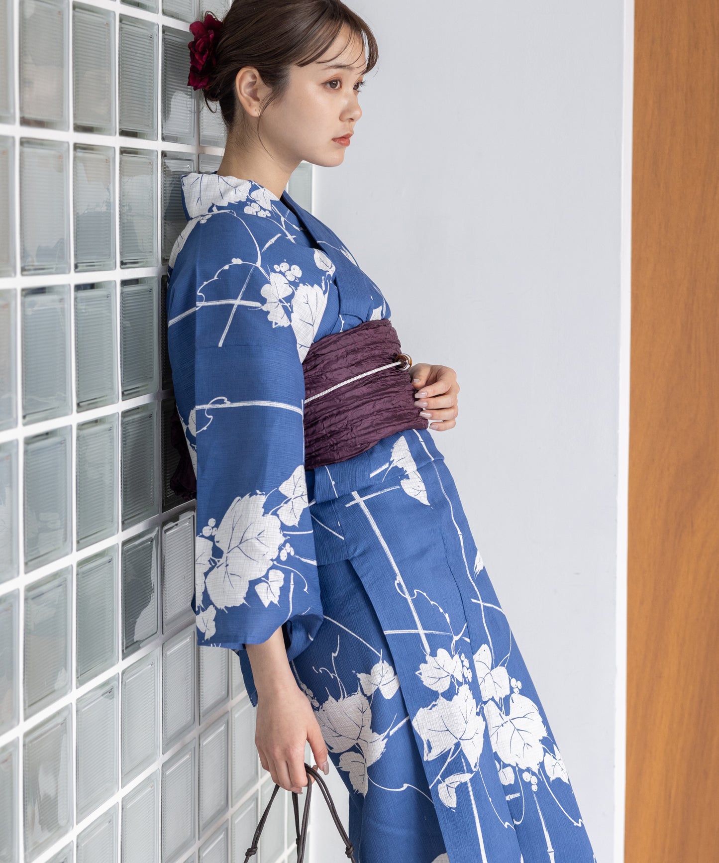 こだわり浴衣5点セット (浴衣/帯/下駄/腰紐/着付け冊子) 麻混 綿麻 楊柳生地 ブルー 笹