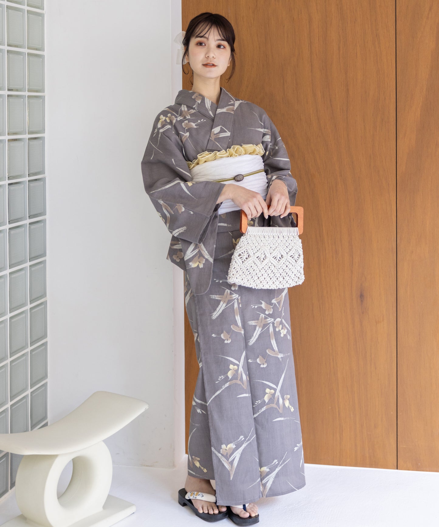 こだわり浴衣5点セット (浴衣/帯/下駄/腰紐/着付け冊子) 麻混 綿麻 楊柳生地 グレー