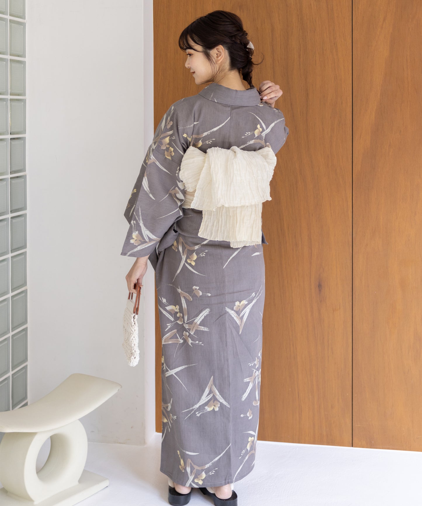 こだわり浴衣5点セット (浴衣/帯/下駄/腰紐/着付け冊子) 麻混 綿麻 楊柳生地 グレー