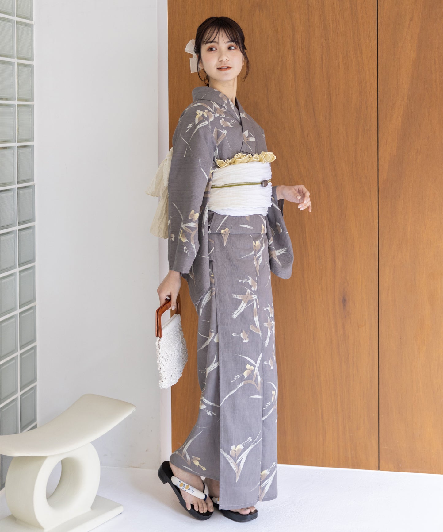こだわり浴衣5点セット (浴衣/帯/下駄/腰紐/着付け冊子) 麻混 綿麻 楊柳生地 グレー