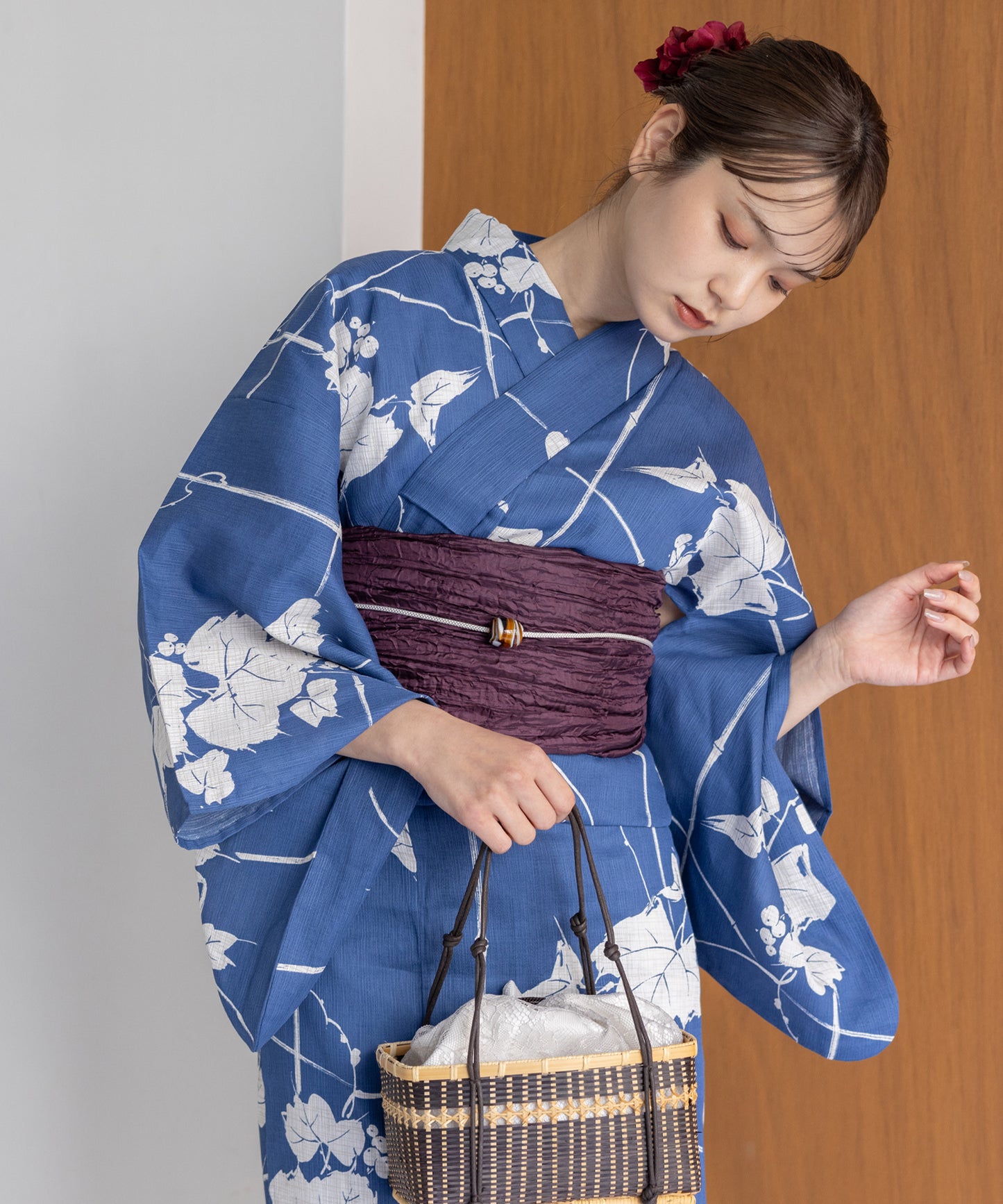 こだわり浴衣5点セット (浴衣/帯/下駄/腰紐/着付け冊子) 麻混 綿麻 楊柳生地 ブルー 笹